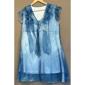 Ruffle Tie Dye Dress Sleeveless Casual Summer Beach Cover Up‎ Dusty Blue Size M